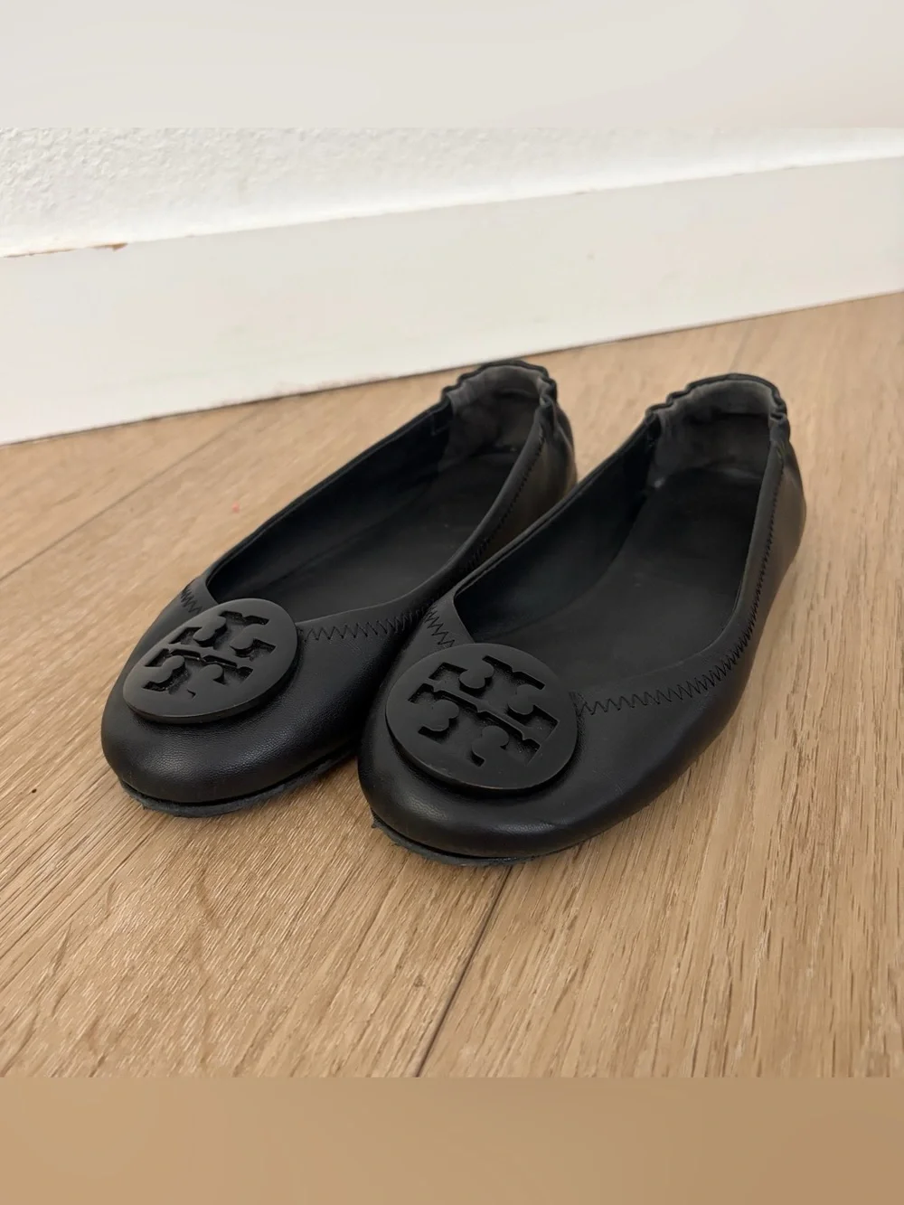 TORY BURCH MINNIE TRAVEL BALLET FLAT Black Leather Size 6.5